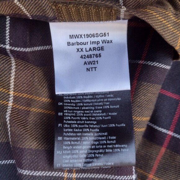 Barbour Imp Wax Jacket XXL Sage Green Tartan Lined Cotton Coat NWT - Picture 7 of 7